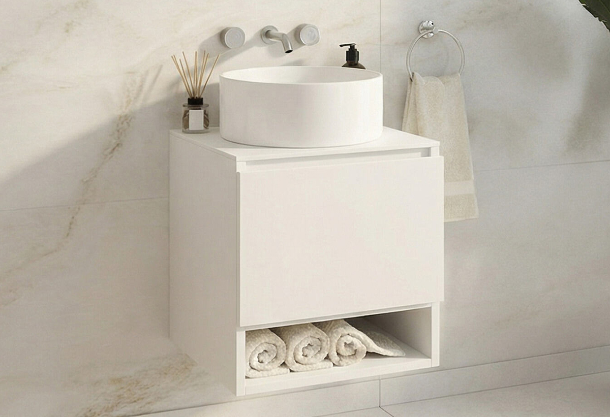 Απεικονίζεται ο πάγκος και ο νιπτήρας του επίπλου μπάνιου